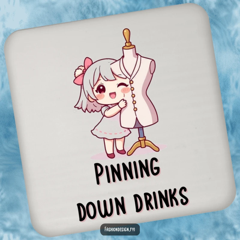 Funny seamstress coaster featuring a character happily pinning fabric to a mannequin, providing surface protection with sewing style.