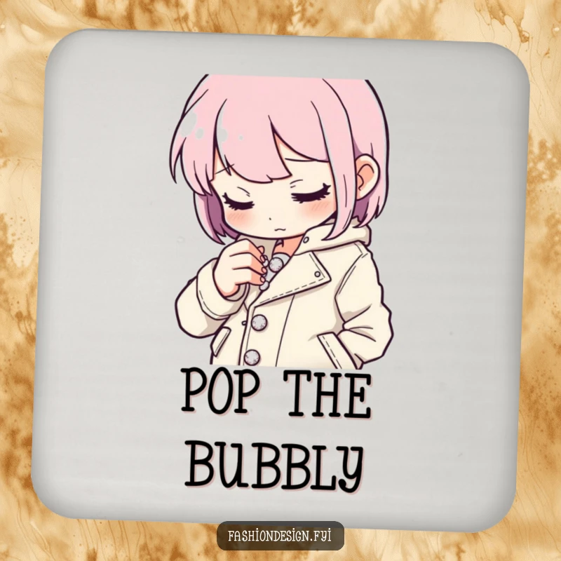 Funny button stitcher drink coaster of a character intently sewing tiny sparkling buttons onto a stylish jacket, protects surfaces, funny gift.