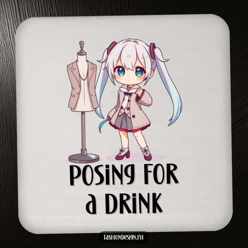 Funny drink coaster with a character striking a dramatic pose next to a mannequin, adding artistic humor to tabletops.