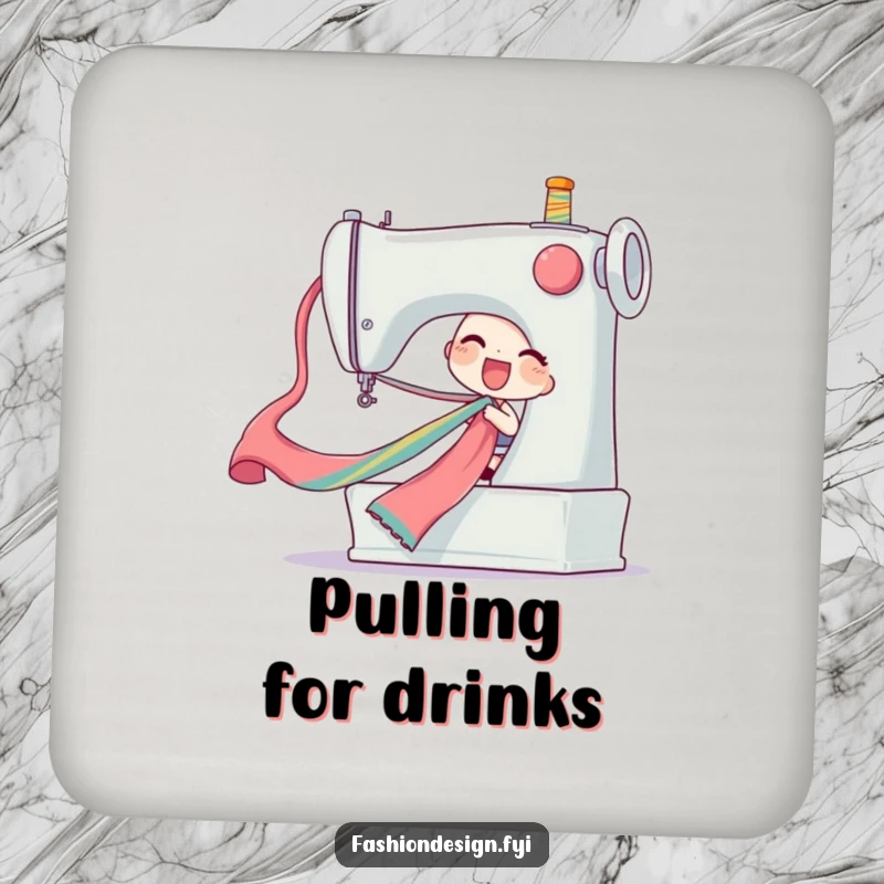 Funny ribbon pull drink coaster of a delighted character pulling a long colorful silk ribbon from a giant sewing machine, practical funny gift.