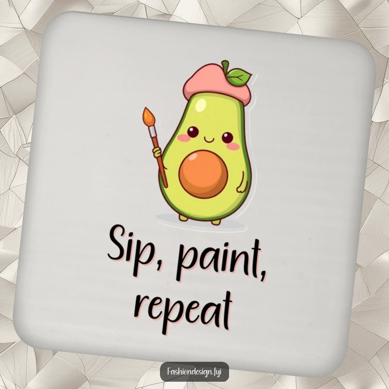 Funny coasters featuring a cheerful avocado artist with a beret and paintbrush, protecting surfaces stylishly.