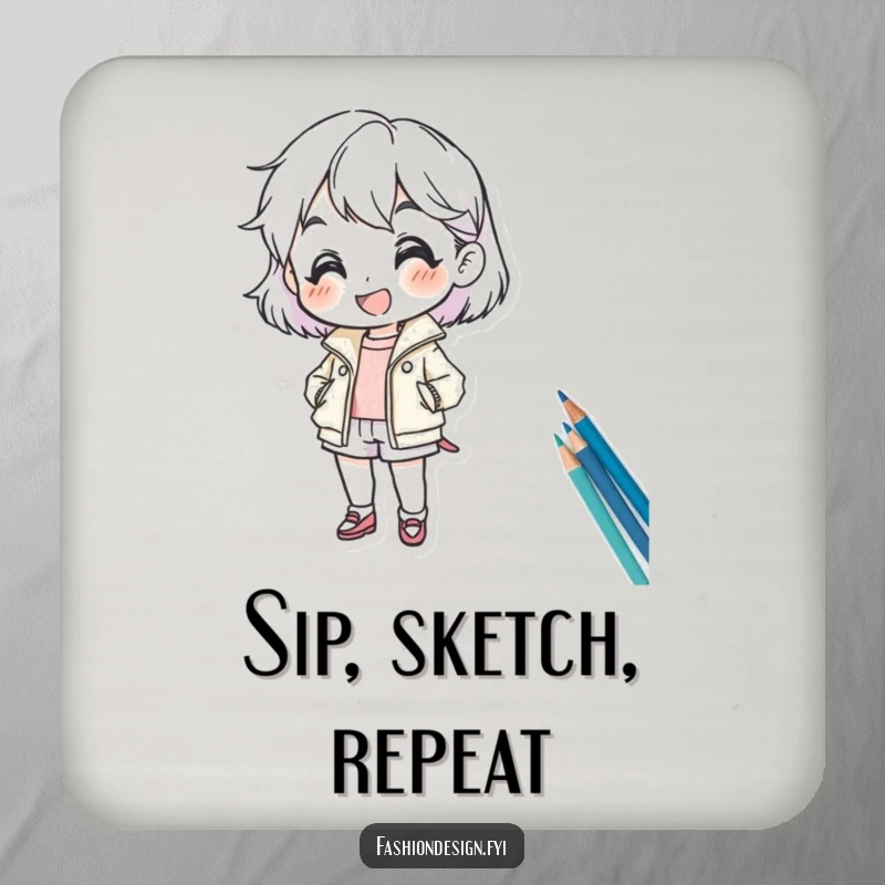 Funny drink coaster with a cheerful character enthusiastically sketching a fashion design, protecting surfaces with art.