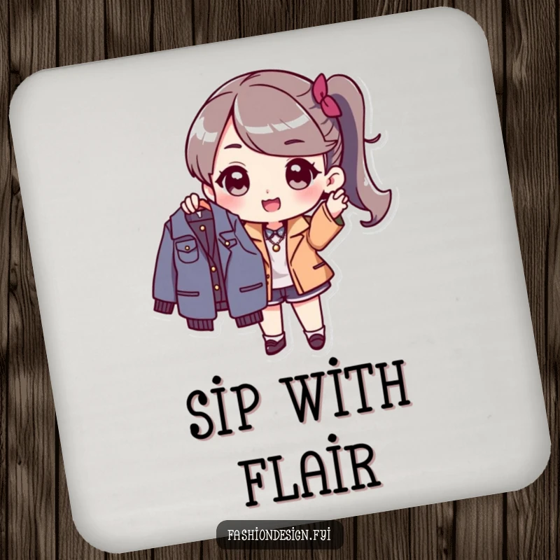 Funny Coaster: Stylish character excitedly holding up a new fashionable garment, adding humor to your tabletop.