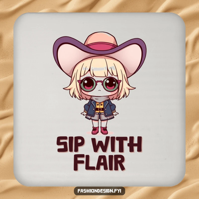Funny drink coaster featuring a proud fashionista character with a dramatic hat, adding chic decor and surface protection.