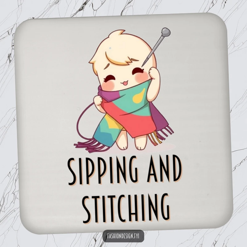 Funny zig-zag stitch drink coaster of a playful character using a giant needle to create an exaggerated stitch on a vibrant scarf, practical funny gift.