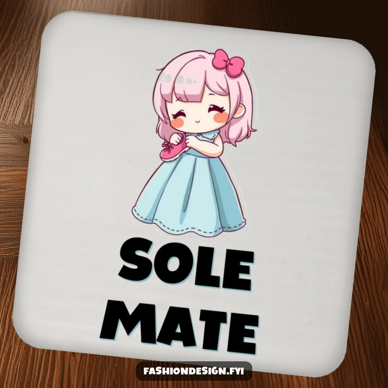 Funny drink coaster with a content character happily sewing a small, smiling shoe onto a colorful dress form, a functional piece of art.