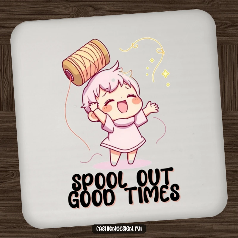 Funny coaster featuring a character gleefully tossing a spool of shimmering thread, adding sewing charm to tabletops.
