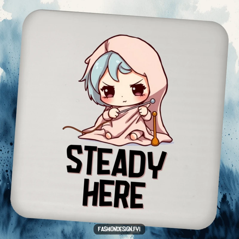 Funny drink coasters showing a character focused on pinning fabric with sewing pins, great for table protection.