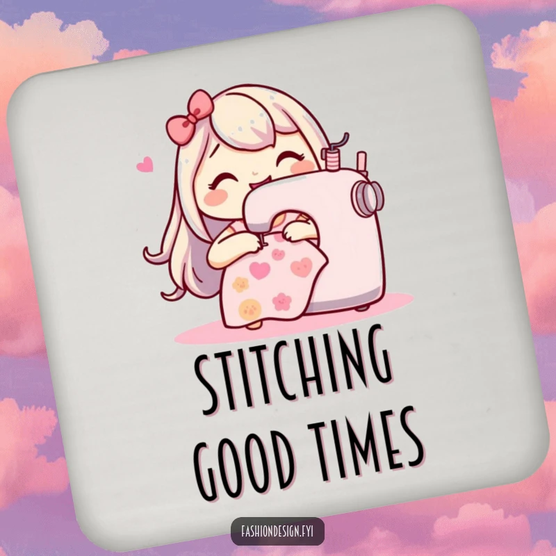 Funny Sewing Machine Coaster: Happy character gleefully stitching a playful pattern, a humorous and protective addition for crafters.