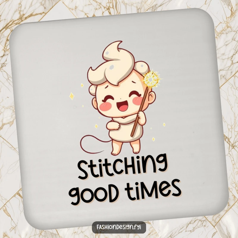 Funny coasters featuring a cheerful character with a giant sparkly needle, protecting surfaces with creative charm and humorous art.