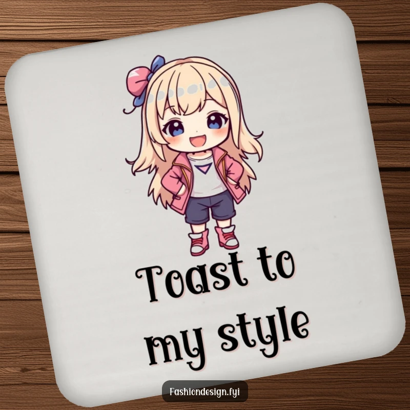 Funny drink coaster with a joyful character posing confidently in a stylish outfit they created, protecting surfaces.