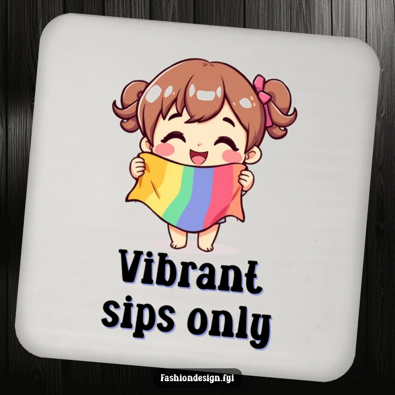 Funny drink coaster set featuring a character holding a fabric swatch, adding crafting humor to tables.