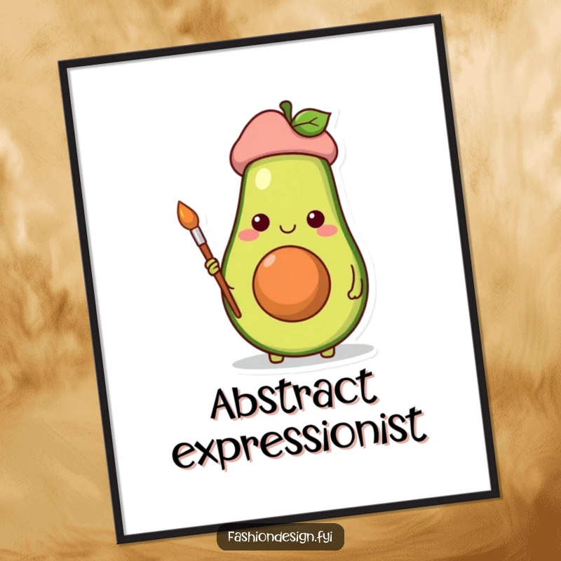 Funny poster of a cheerful avocado wearing a beret and holding a paintbrush, adding artistic charm.