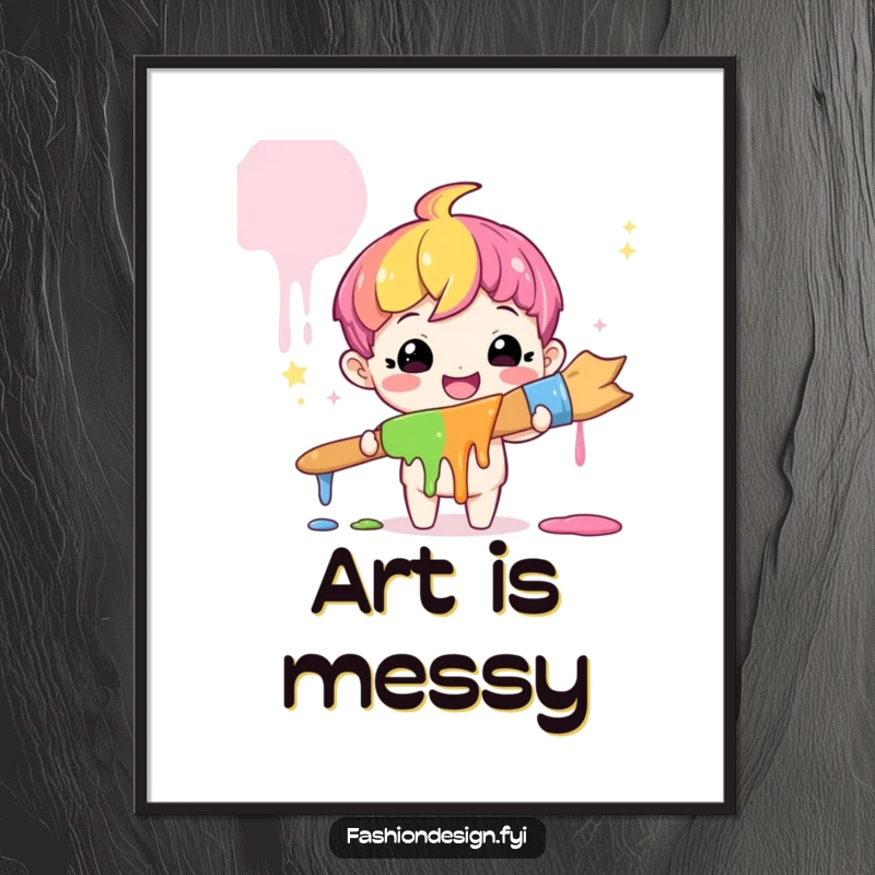 Funny Artist Rainbow Poster: A cute character smiles with amazement holding a giant paintbrush dripping rainbow paint, funny gift.