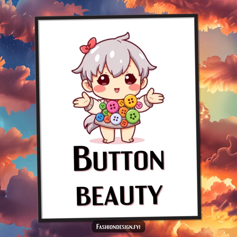 Funny poster art depicting a proud character artfully arranging a collection of colorful buttons.