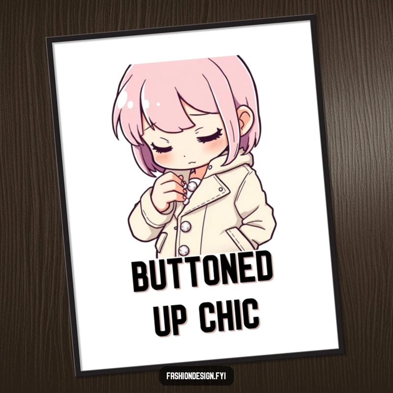 Funny button stitcher poster of a character intently sewing tiny sparkling buttons onto a stylish jacket, detailed humorous art, funny gift.