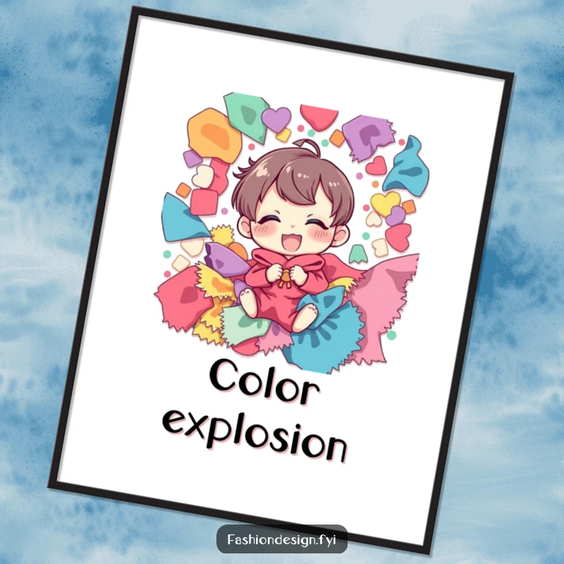 Funny poster art of a character in fits of laughter, surrounded by a whimsical, colorful explosion of fabric scraps, celebrating the joy of sewing.