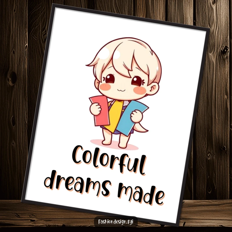 Funny poster of a happy character selecting colorful fabric swatches, bringing creative joy and humor to any wall.