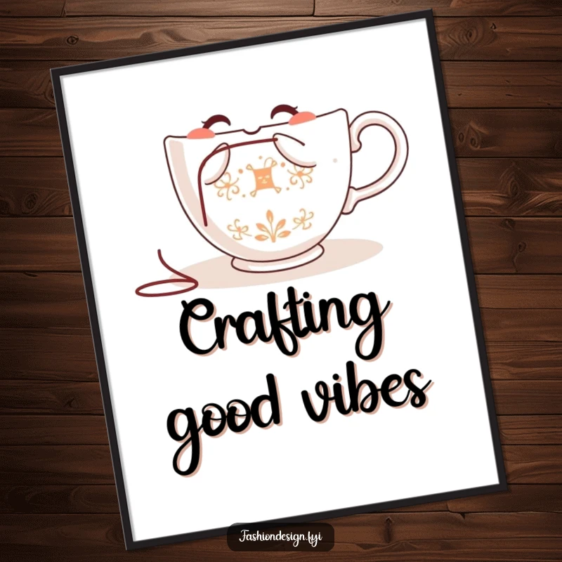 Funny teacup poster, a happy teacup character embroidering a pattern with needle and thread, whimsical wall art.