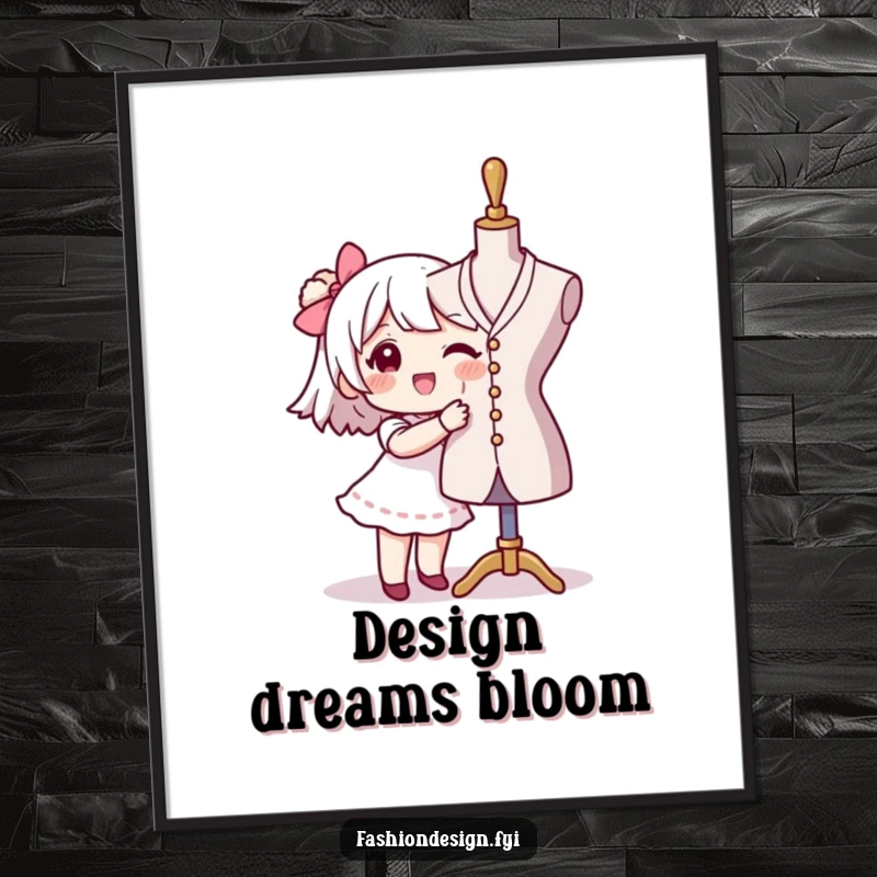 Funny seamstress poster of a character happily pinning fabric to a mannequin, adding artistic flair and humor to any wall, a great gift.