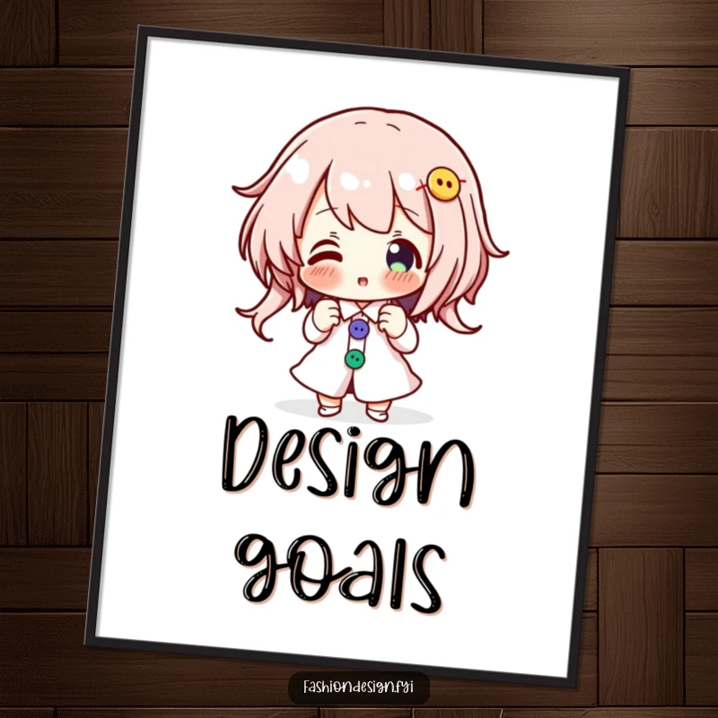 Funny poster of an energetic character pinning colorful buttons onto a design, perfect for a craft room.