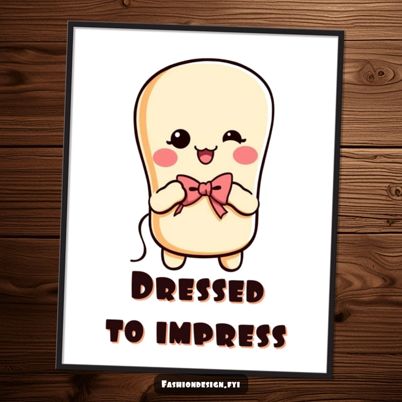 Funny cheerful baguette with arms, sewing a tiny bow with needle and thread, art print, funny gift.
