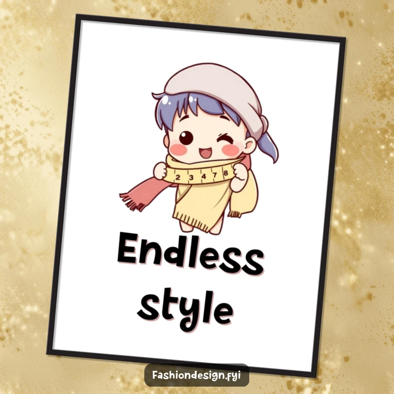 Funny poster art depicting a cheerful character using a tape measure on an incredibly long scarf.