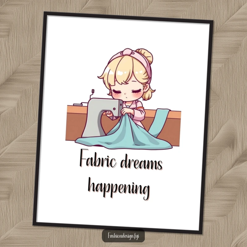 Funny Seamstress Poster depicting a character expertly draping fabric, highlighting artistic skill and focus, perfect wall decor for sewers.