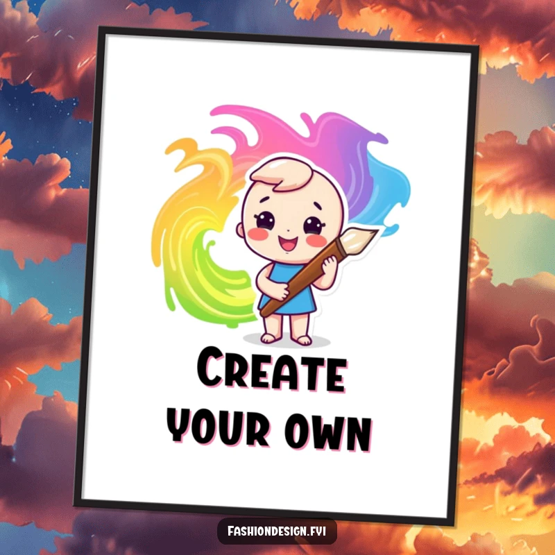 Funny poster art of a character joyfully painting vibrant, energetic swirls with a large, colorful paintbrush.