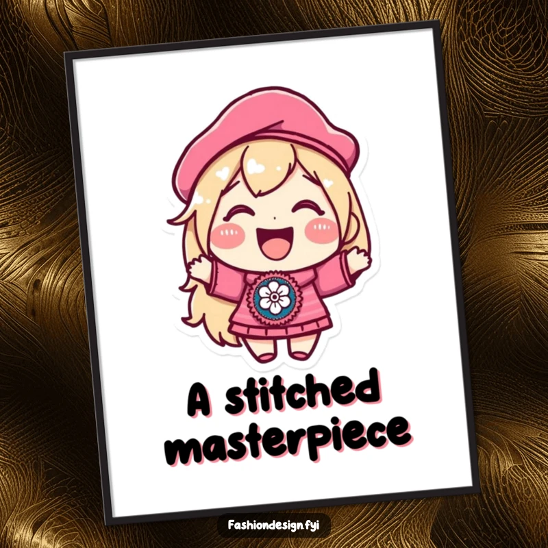 Funny art poster featuring a joyful character in a beret, proudly displaying a beautifully embroidered patch, adding a touch of art and humor to decor.