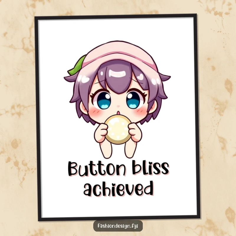 Funny crafter poster of a surprised character holding a large, sparkly button, adding humor and a touch of sparkle to walls, a great gift.