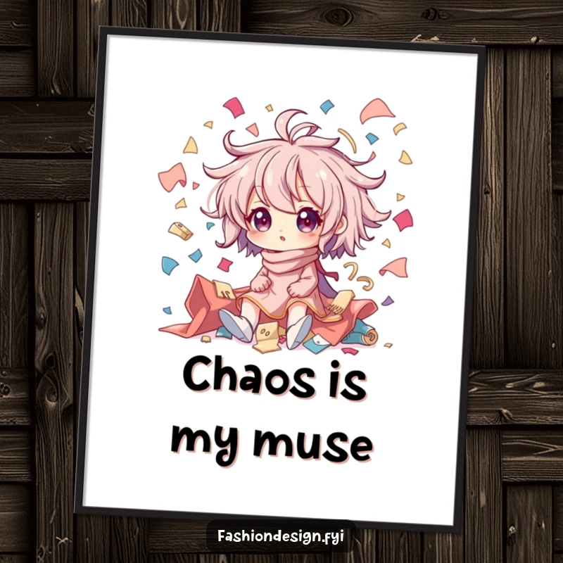 Funny art print showcasing a character in creative chaos, with fabric scraps flying everywhere; a humorous depiction of the crafting process.