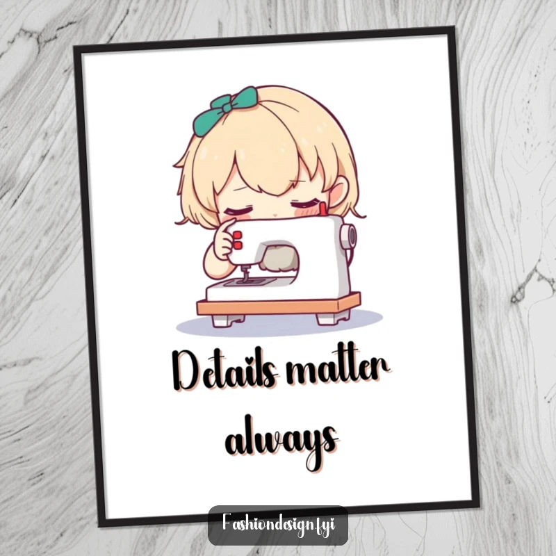 Funny poster of a curious character examining a tiny sewing machine, artistic and humorous wall decor.