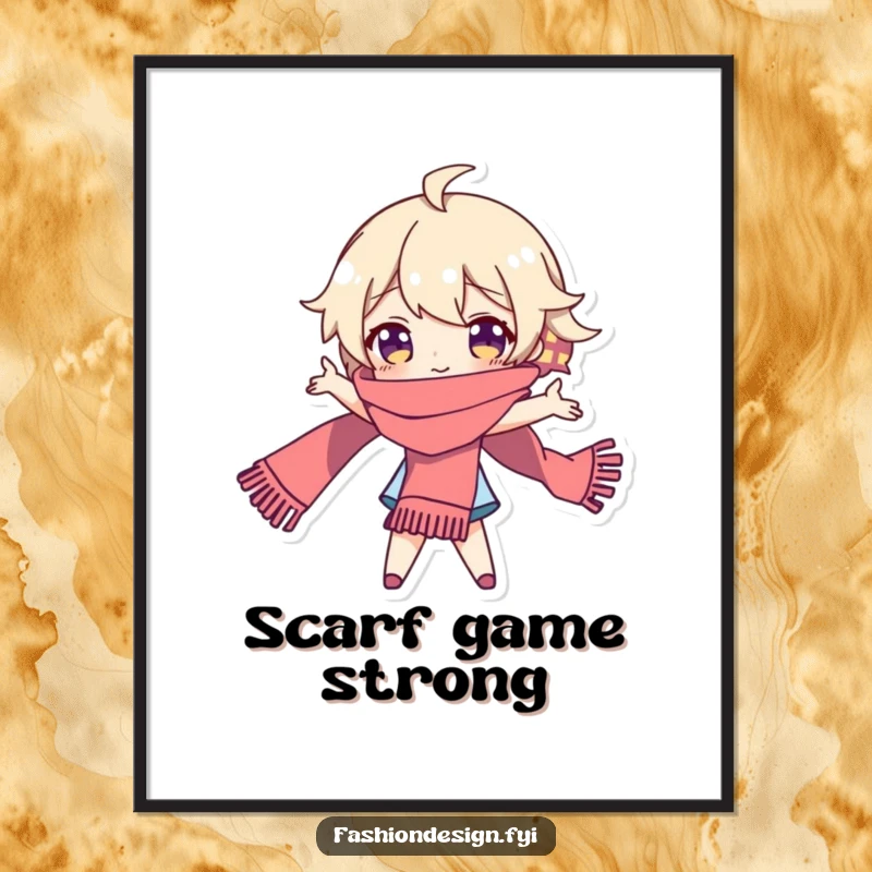 Funny poster art of a playful character posing dramatically with a long, elegant scarf, exuding theatricality and chic style.