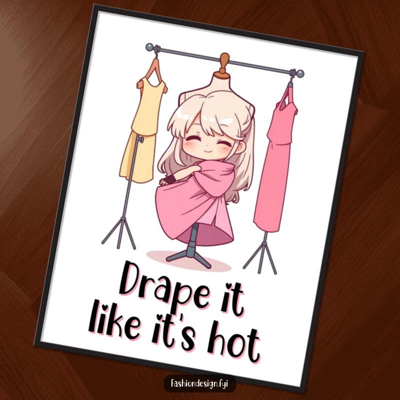 Funny poster showing a determined seamstress artfully draping elegant fabric on a mannequin, celebrating the craft of fashion.