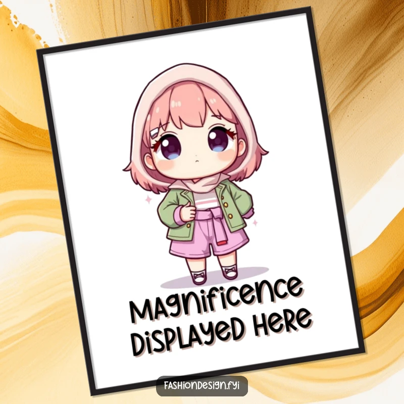 Funny poster art of a proud individual showcasing their beautifully finished fashion creation with immense pride and a smile.