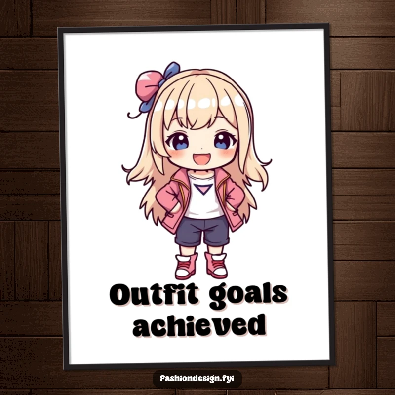 Funny poster print of a joyful character posing confidently in a stylish, self-created outfit, radiating self-assurance.