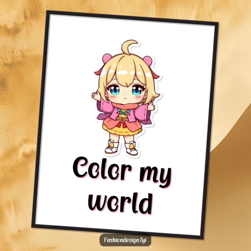 Funny Poster: Character proudly displaying a colorful, uniquely designed outfit, a vibrant piece for art and fashion lovers.