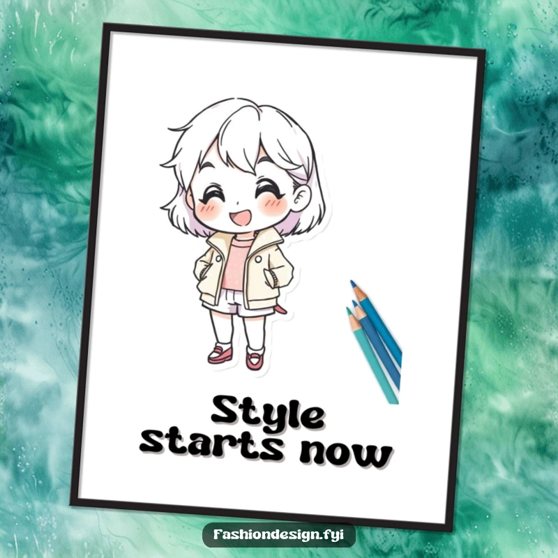 Funny poster print of a cheerful character enthusiastically sketching a new fashion design, celebrating creativity and artistic flair.