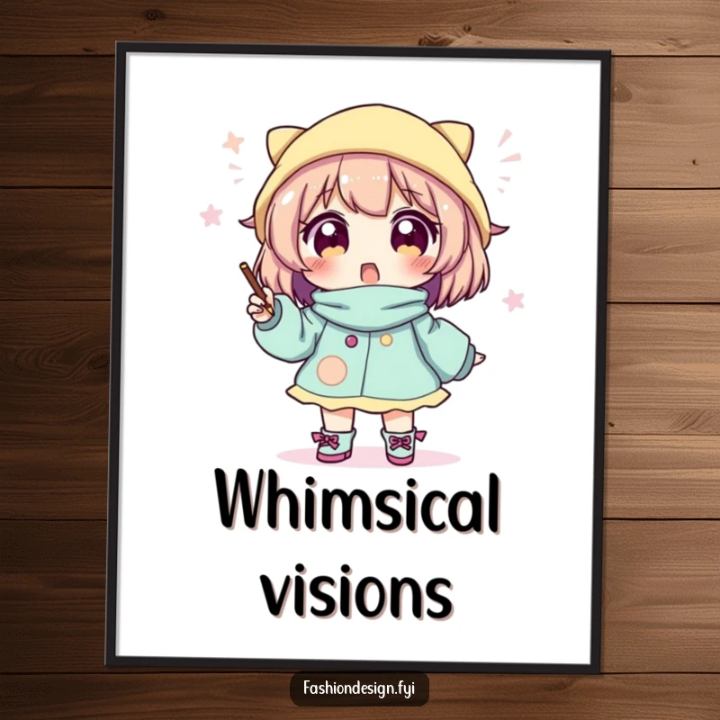 Funny poster art of an excited character diligently sketching a fantastical and whimsical fashion outfit with flair.