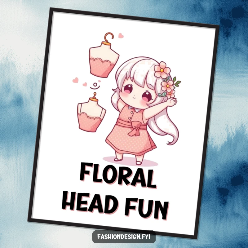 Funny Florist Poster: A whimsical character in a sparkly apron tosses a flower-adorned mannequin head, a funny gift.