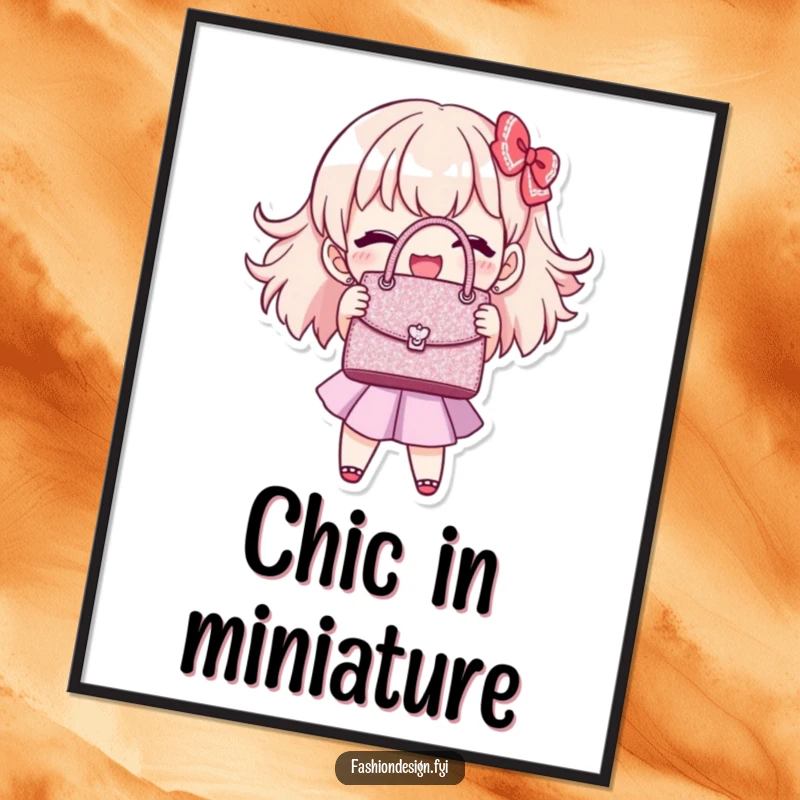 Funny handbag stitcher poster of a joyful character showing off a perfectly stitched, miniature, glittering handbag, charming humorous art, funny gift.