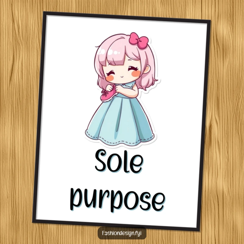 Funny poster depicting a content character happily sewing a tiny, smiling shoe onto a vibrant dress form, celebrating the art of needlework.