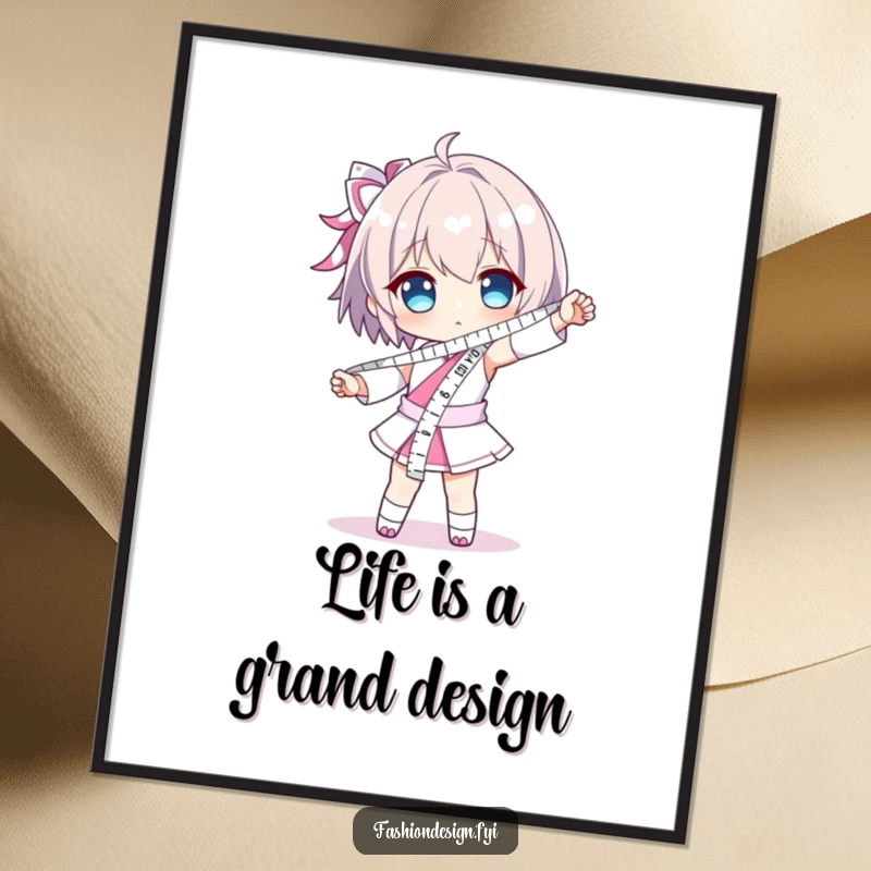 Funny art print of a character dramatically posing, wearing a long measuring tape like a sash; celebrates precision and a flair for design.