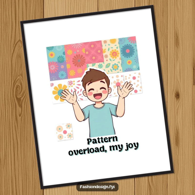 Funny poster art of a person enthusiastically gesturing towards a visually rich mood board with numerous vibrant patterns.