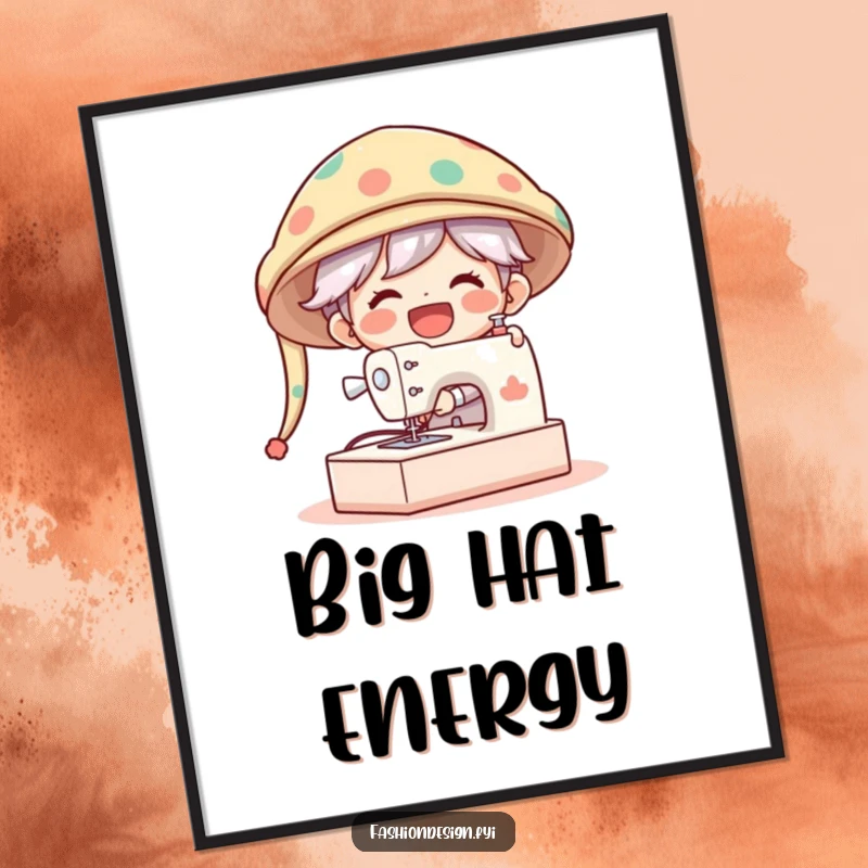 Funny Poster of a gleeful character laughing exuberantly while using a massive sewing machine to craft a comically oversized hat.