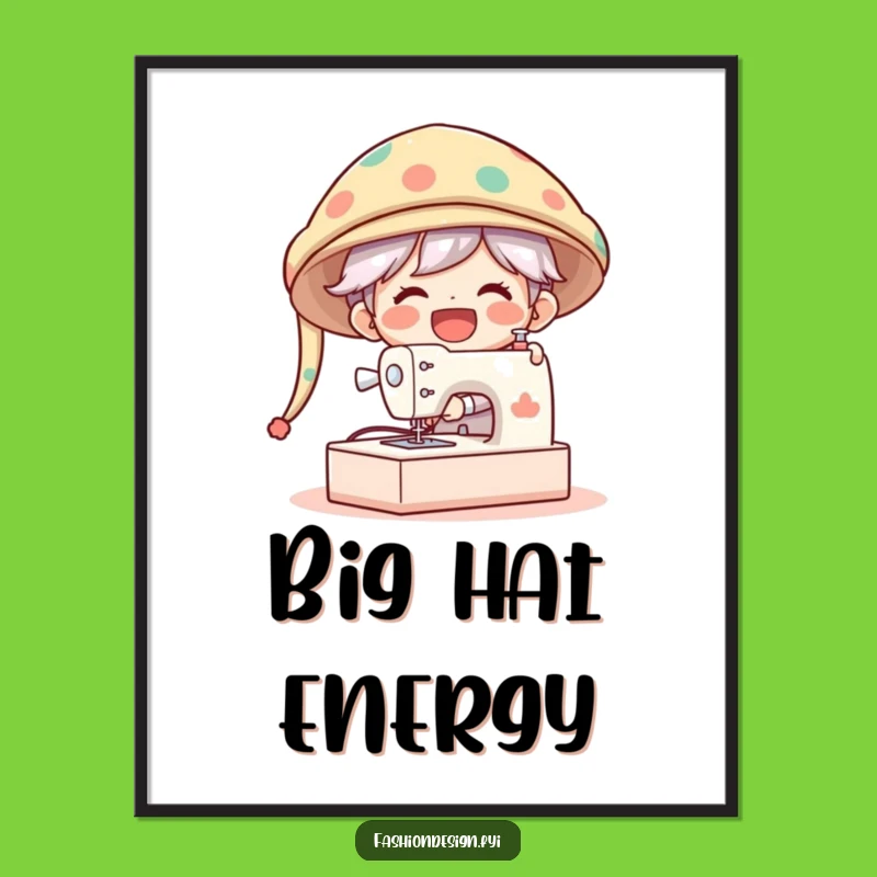 Funny Oversized Hat Art Print: Gleeful Character Sewing Poster