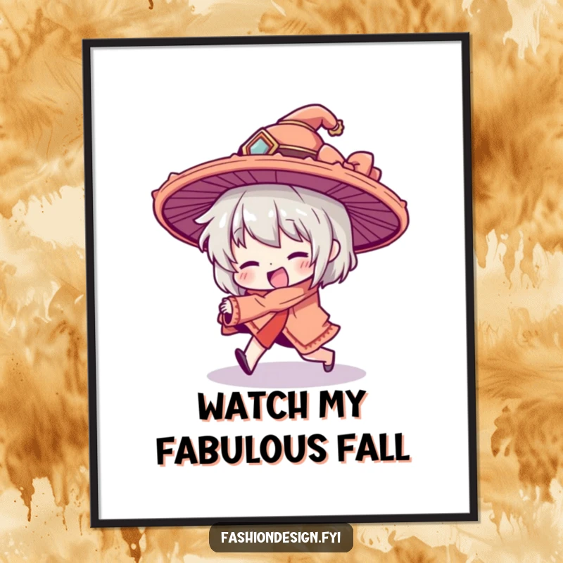 Funny poster print of a character comically tripping, their enormous hat flying, capturing pure slapstick humor and visual comedy.