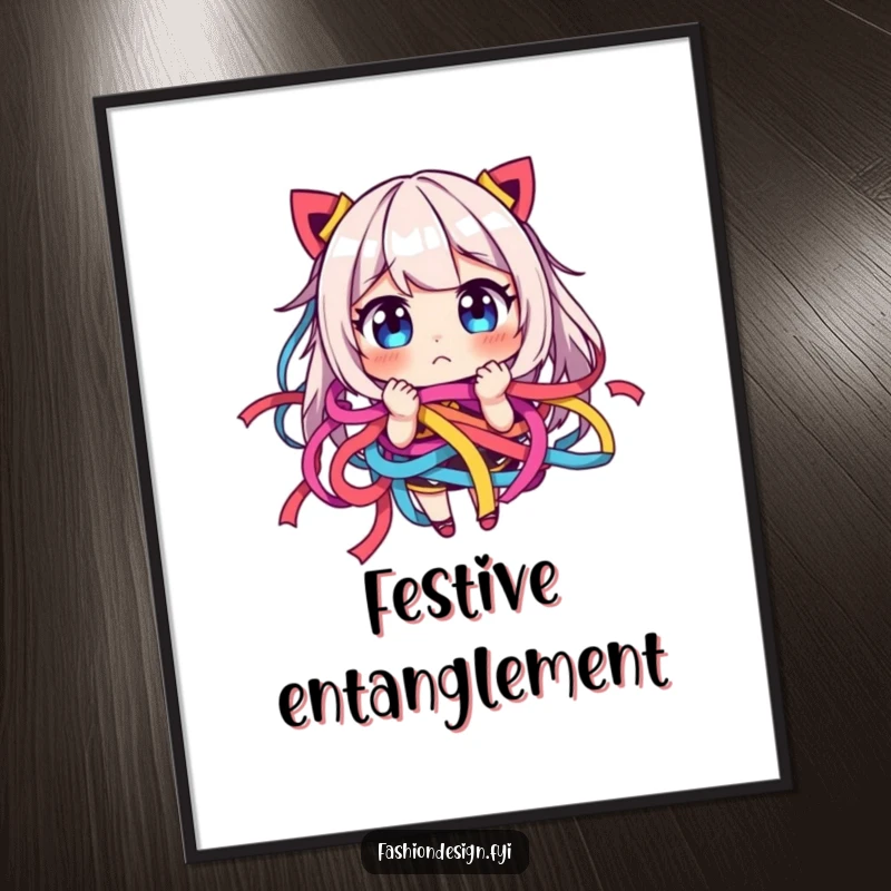 Funny poster art of a character comically tangled in colorful ribbons, looking playfully frustrated, symbolizing delightful chaos.