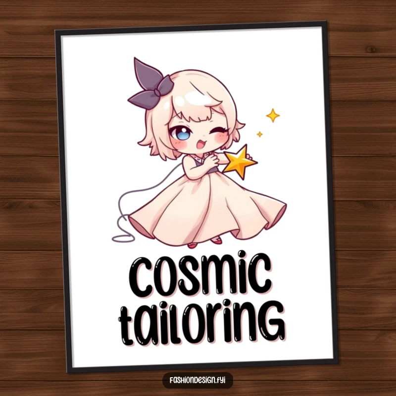 Funny Seamstress Poster: A mischievous character stitches a tiny winking star onto a flowing gown, a funny gift.